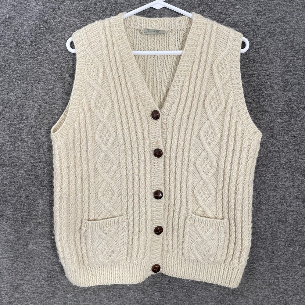 Blarney Woollen Mills Sweater Vest Mens Medium White Wool Aran Handknit Pockets